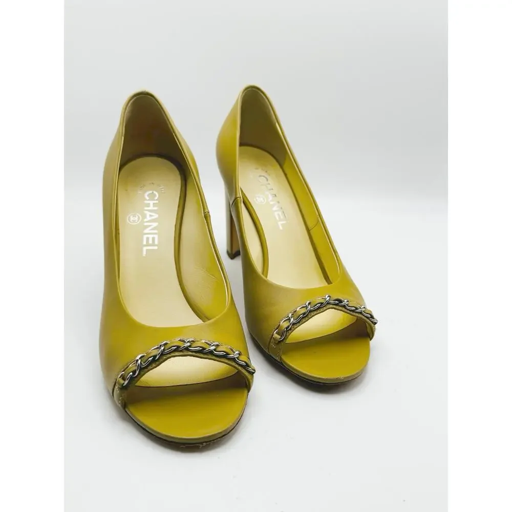 Chanel Khaki CC Logo Chain Strap Open Toe Pumps Heels EU 38 US 8